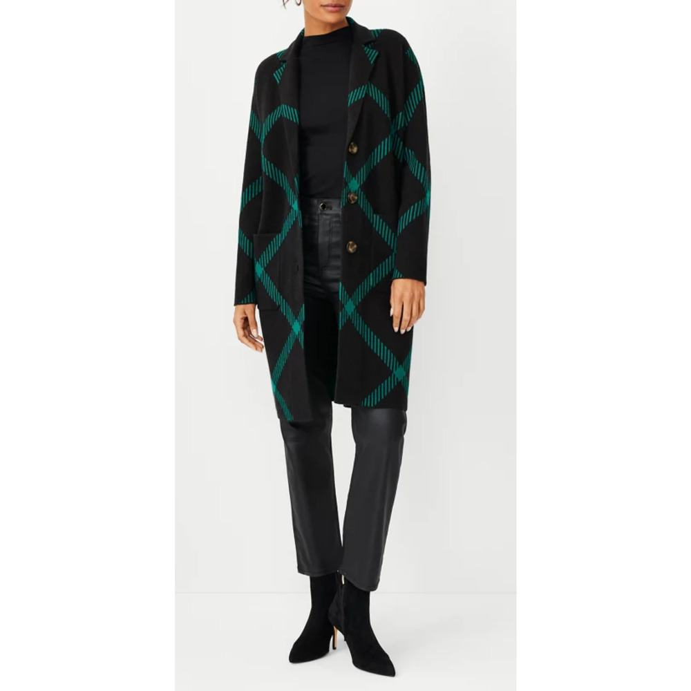 ANN TAYLOR GREEN MARAIS WINDOWPANE LAPEL COATIGAN CARDIGAN SWEATER SZ S